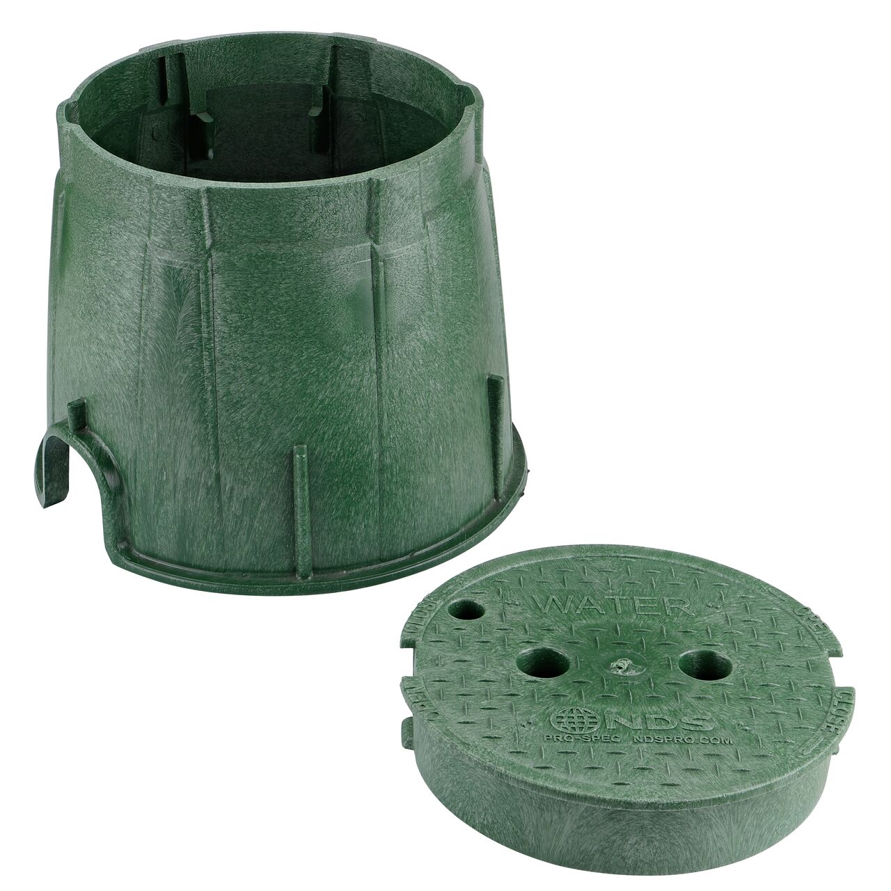 Unassembled View of the NDS 10 in. Round Pro-Spec® Series Green Box and Green Water Cover (NDS 312BCW) showing the overlapping cover with a bayonet twist-lock lid featuring two finger slots, making it easy to remove or secure onto the box