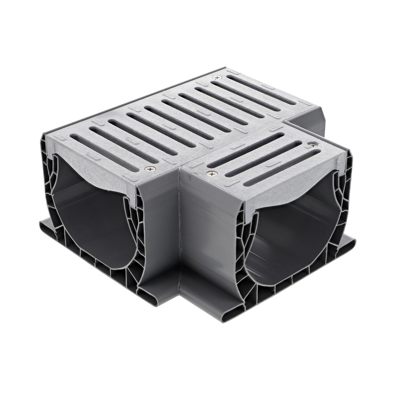 Hero shot of Spee-D® Channel Drain and Grate with Tee, Gray Plastic (NDS 2371, 2371*) which can be used with the Spee-D Channel Drain system