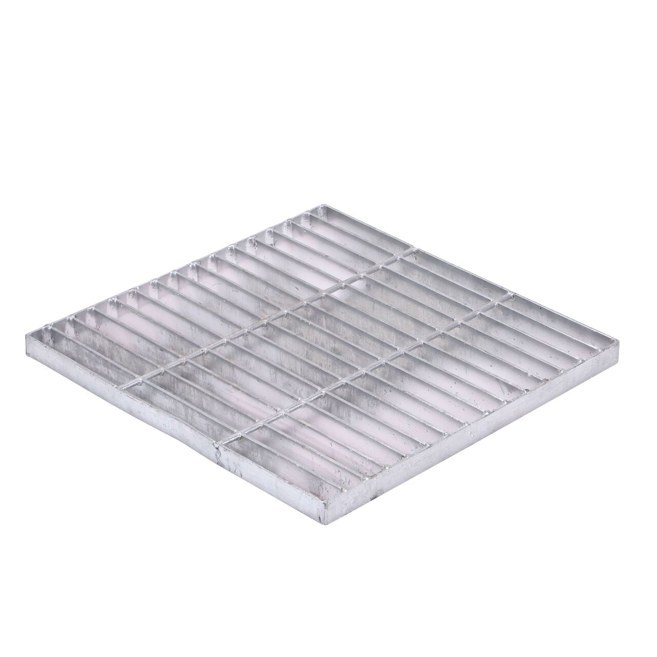 Hero shot of Galvanized Steel 18 in. Square Catch Basin Drain Grate (NDS 1815) which sits on 18 in. catch basin (NDS 1882) and drains water as it blocks pipe-clogging debris