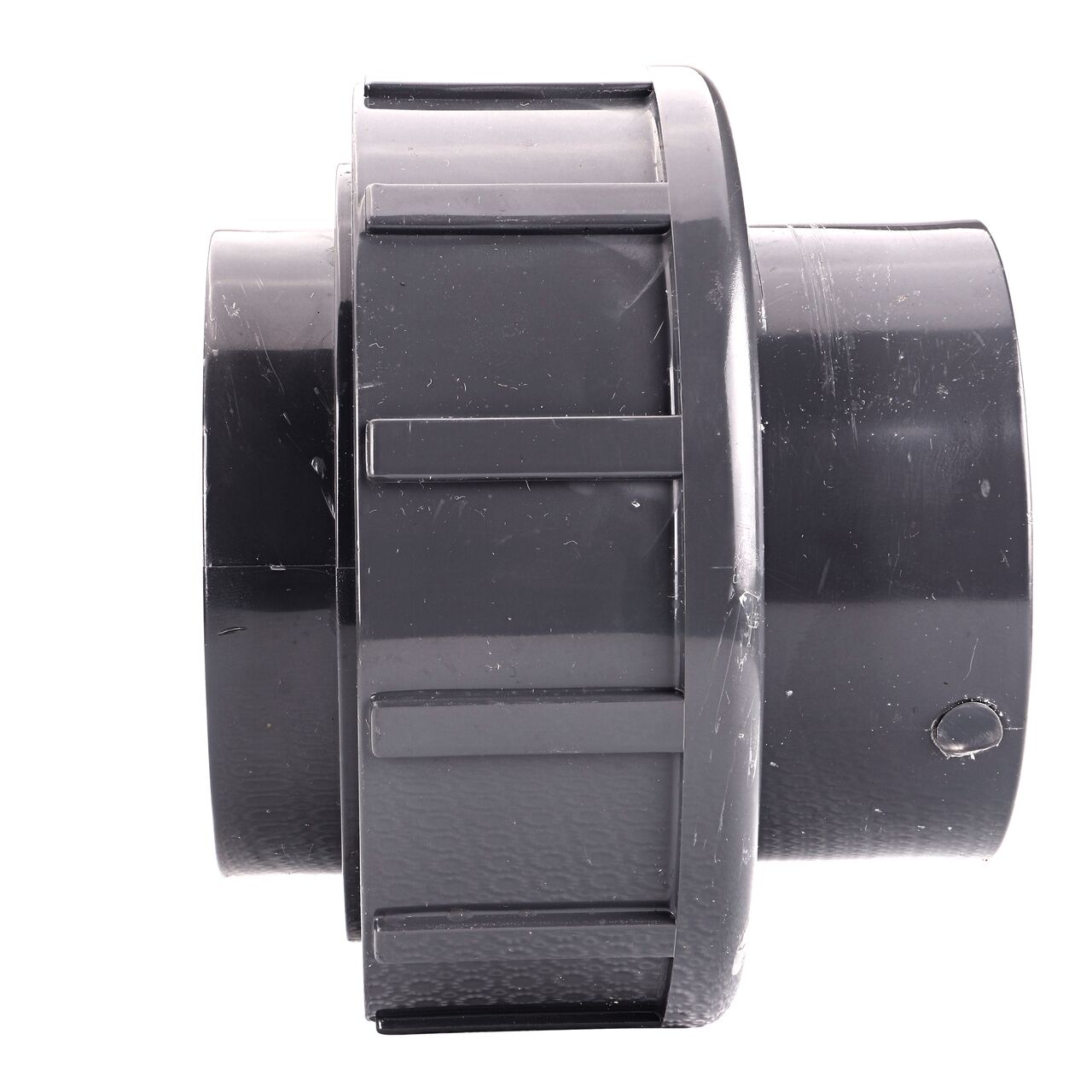 Side view of the NDS 2-1/2 in. PVC Union (NDS U-2500-T) shows both threaded ends and a pull-apart feature to quickly disconnect from pipes