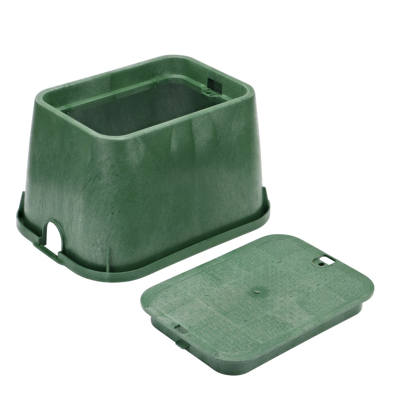Unassembled View of the NDS 14 X 19 in. Green Rectangular Standard Series valve box and Green Irrigation Control Valve overlapping cover (NDS 114BCW)