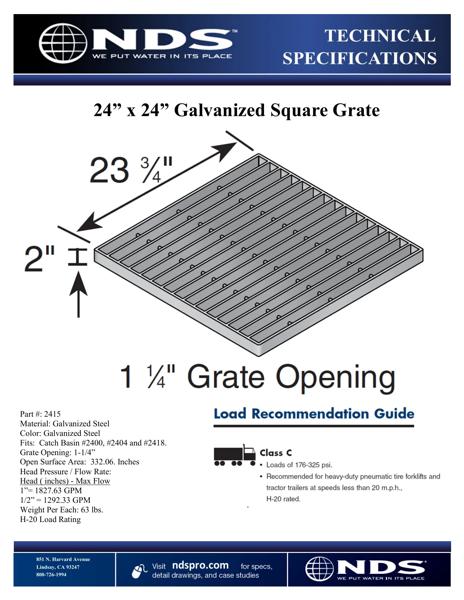 NDS 24 in. Square Catch Basin Drain Grate Galvanized Steel Tech Spec
