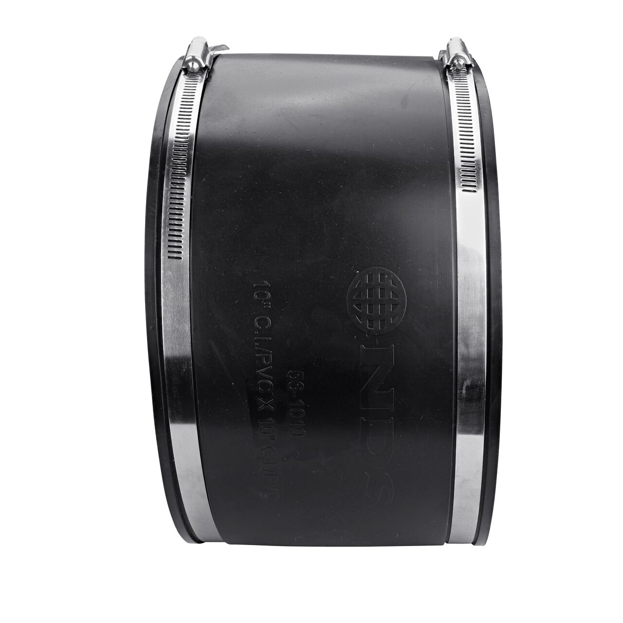The NDS 10 in. flex coupling for cast iron/sewer and drain or DWV/copper/steel/lead pipes, in horizontal position, is made with material that flexes with normal earth movement (NDS 56-1010)