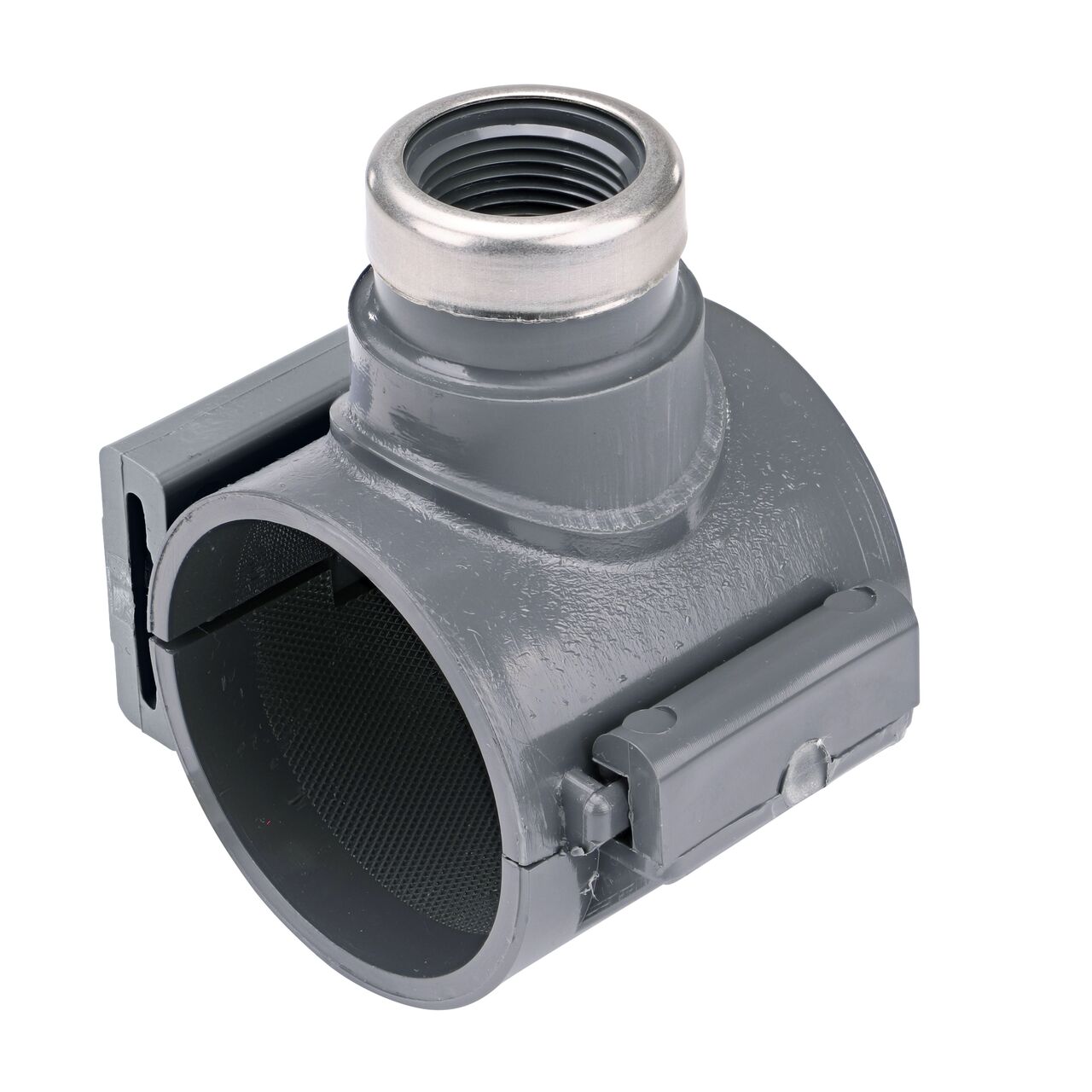 The NDS Clamp-It™ Rigid PVC Saddle for 2 in. PE pipe with 1 in. FPT on top (NDS 322010P) has a patented wedge design on one side and hinges on the other to install a sprinkler irrigation system to the existing pipe without any bolts