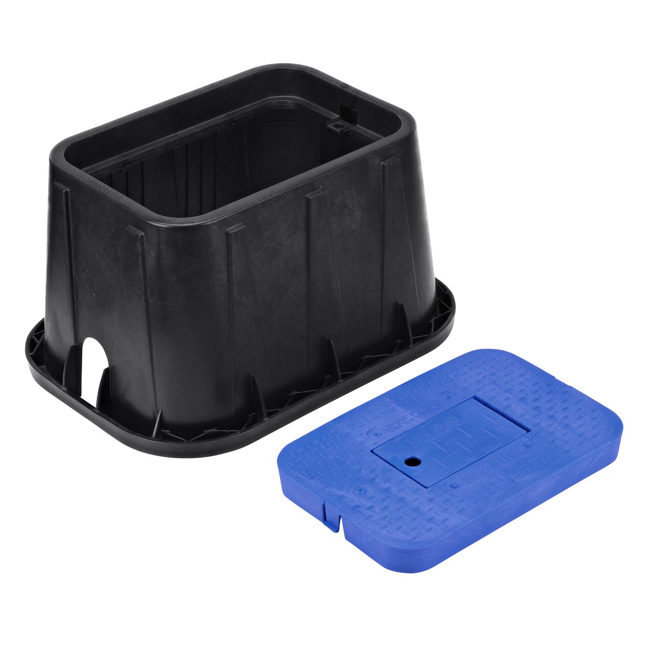 Unassembled View of the NDS 14 in. X 19 in. Rectangular Standard Series meter box with universal locking mechanism enabling a variety of bolts and screws to be used to secure the covers, and Blue Water Meter Drop-In lid cover (NDS D1200-DIBLRD) with Plastic reader door