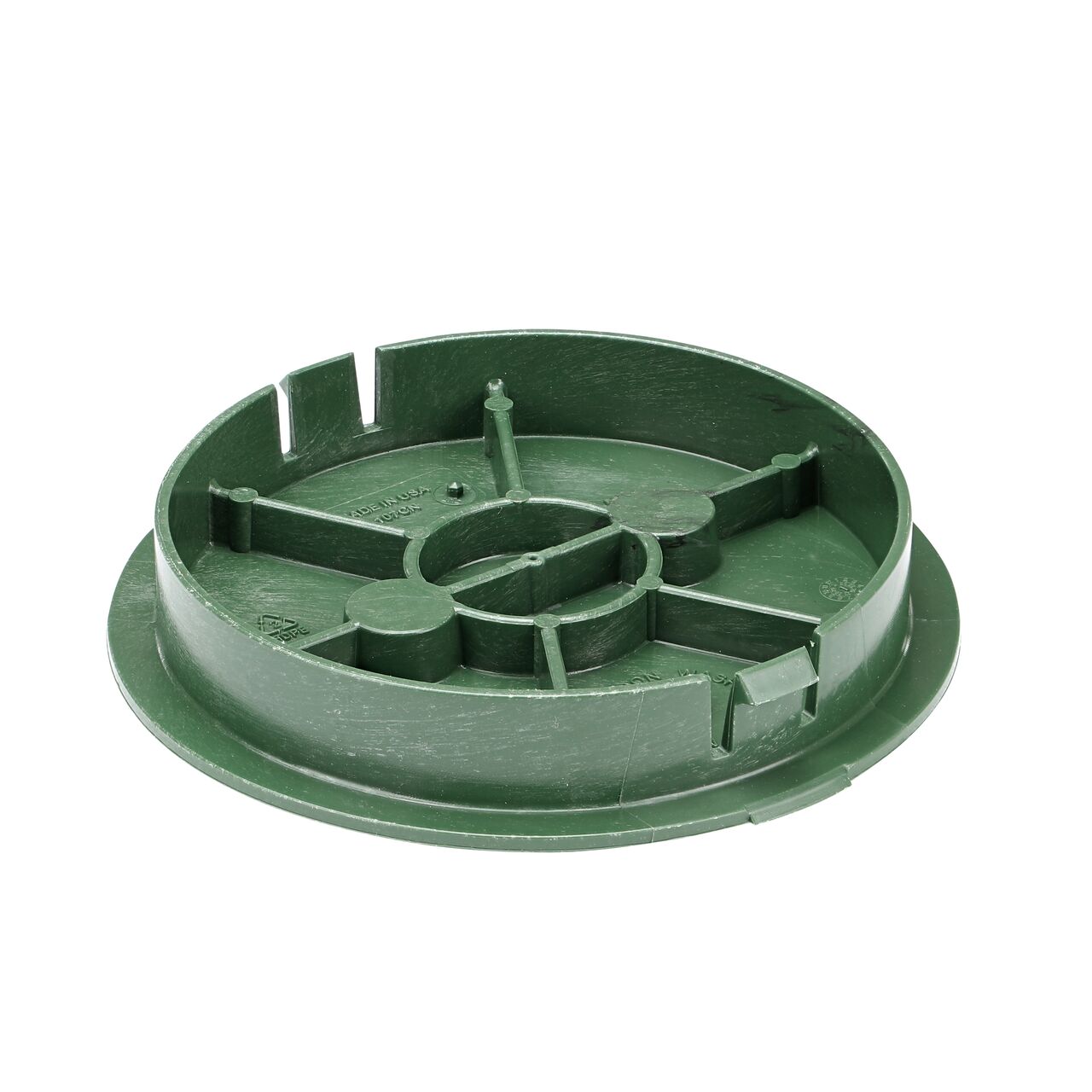 Bottom view of the reinforced ribs on the NDS 6 in. Green Irrigation Control Valve cover (NDS 2107C) that fit the NDS 6 in. Standard Series Valve Box (NDS 109B)