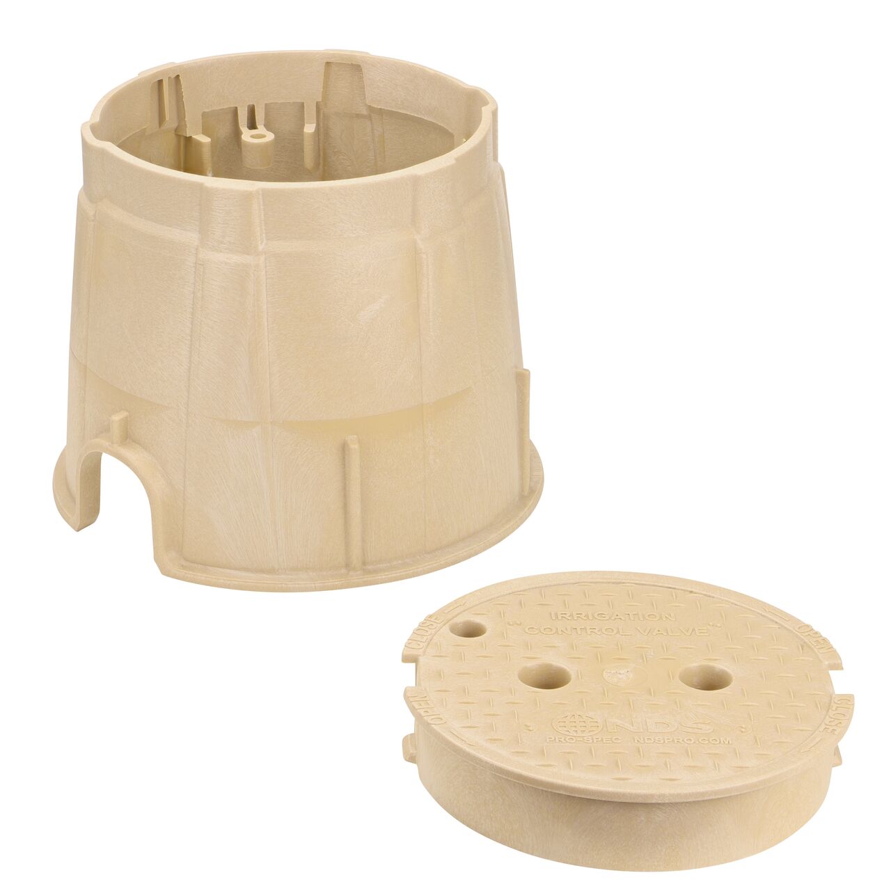 Unassembled View of the NDS 10 in. Round Pro-Spec® Series Sand Box and Sand Irrigation Control Valve Cover (NDS 312BCSAND) showing the overlapping cover with a bayonet twist-lock lid featuring two finger slots, making it easy to remove or secure onto the box