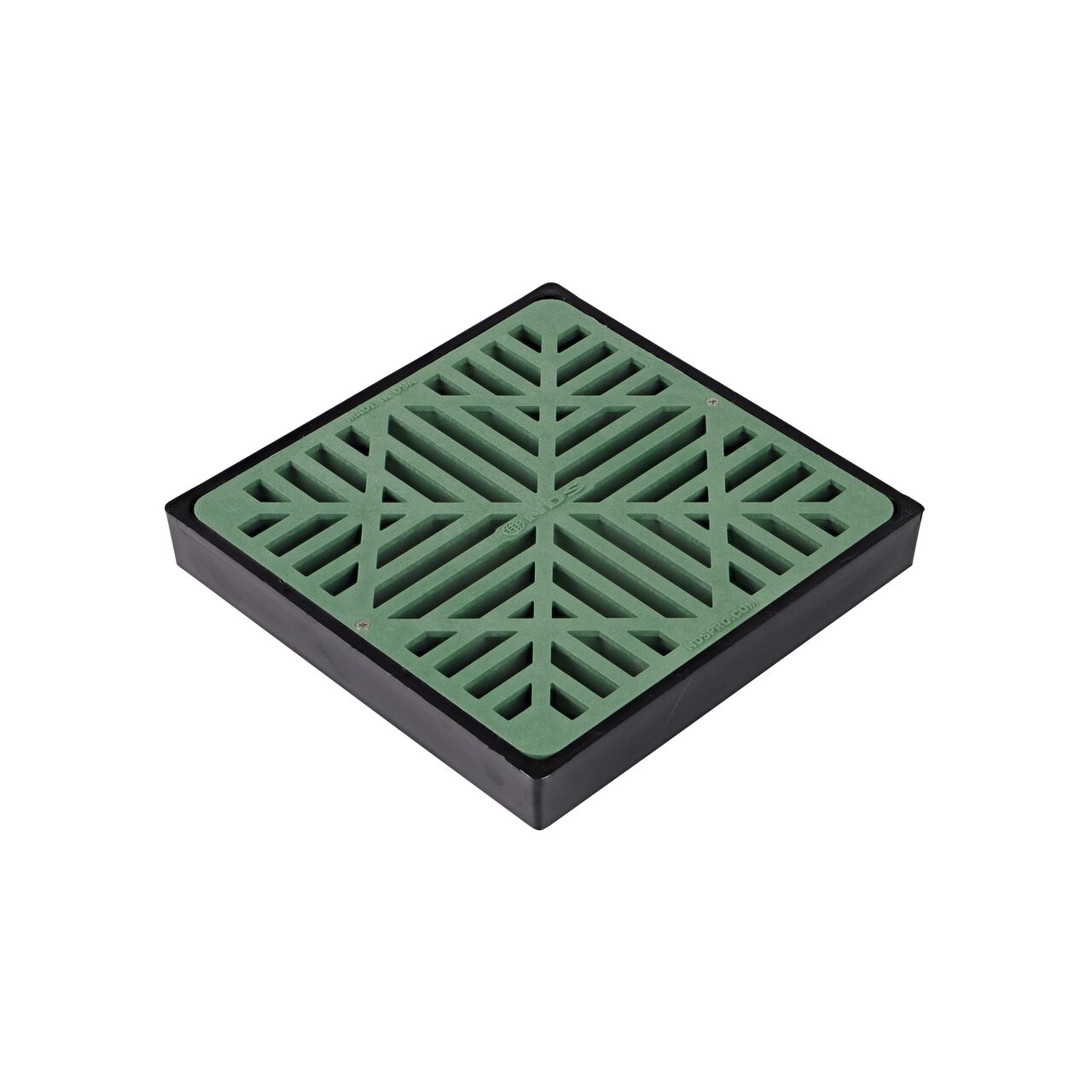 9 in. Square Low-Profile Adapter, Fits 3 in. to 8 in. Drain Pipes with Outlet Adapter (sold separately) (NDS 930) with a 9 in. Square Catch Basin Drain Grate, Green Plastic (NDS 990*) installed; retail