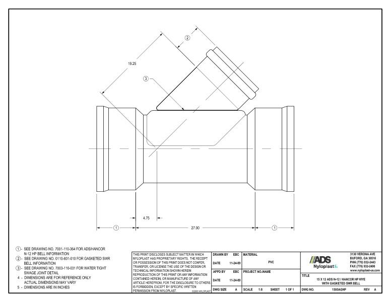 15 x 12 HP Wye with Gasketed SWR Bell Nyloplast Detail