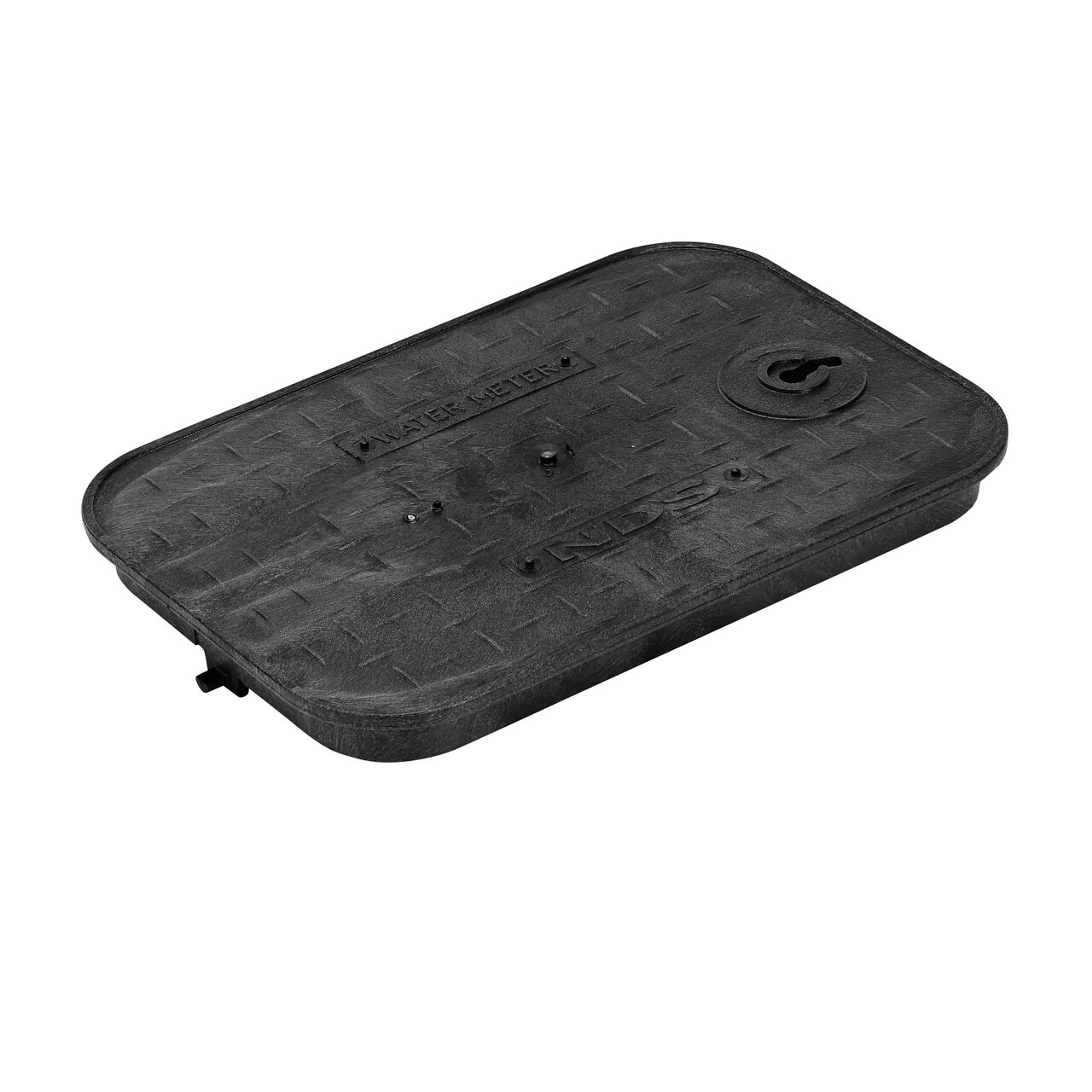 This NDS 14 in. X 19 in. Rectangular Standard Series Meter Box Locking Cover is a Black Overlapping Cover with Water Meter markings on the lid (NDS D1200-OLLOCBLD) and fits NDS standard series 14 in. X 19 in. valve boxes