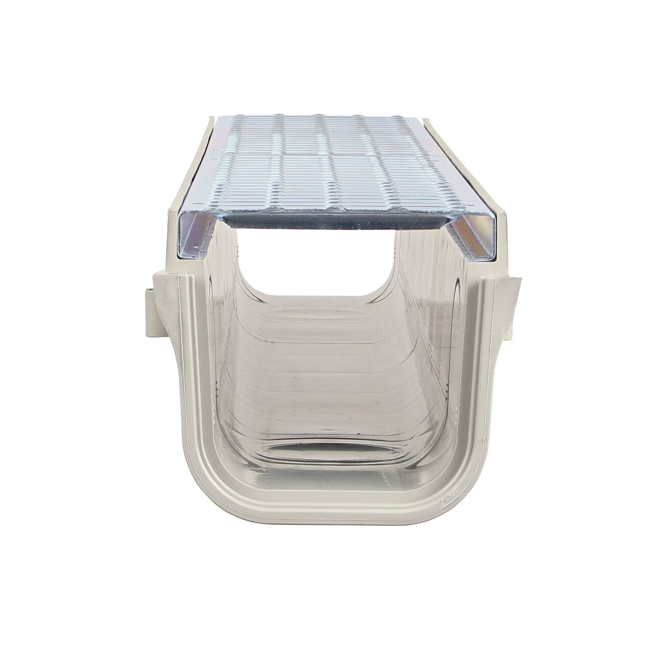 Full drain view of the NDS Steel Grate 5 in. Pro Series Channel Drain Kit to show how water flows through the drain (NDS 864GMTL)