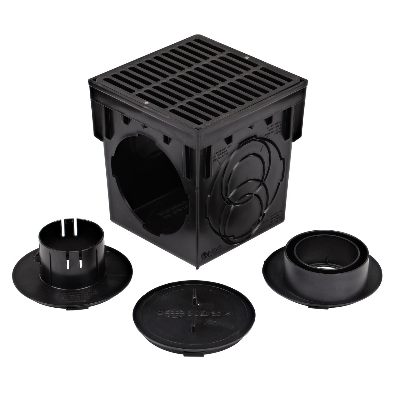 Unassembled black plastic 9 in. Catch Basin Drain Kit with black grate (NDS 900BLKIT) drains water as it blocks pipe-clogging debris