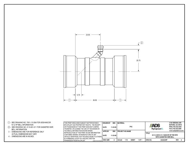 24 x 4 HP Tee Wye with Gasketed SWR Bell Nyloplast Detail