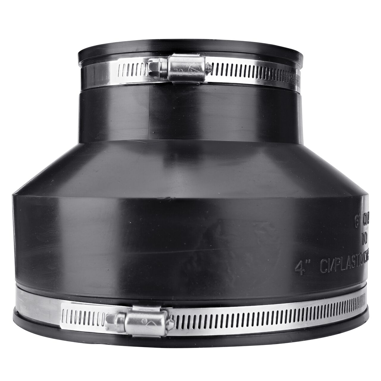 The flex coupling, in vertical position, connects 6 in. clay pipe to 4 in. cast iron/plastic pipe and provides leak-resistant seals with virtually any pipe (NDS 02-64)