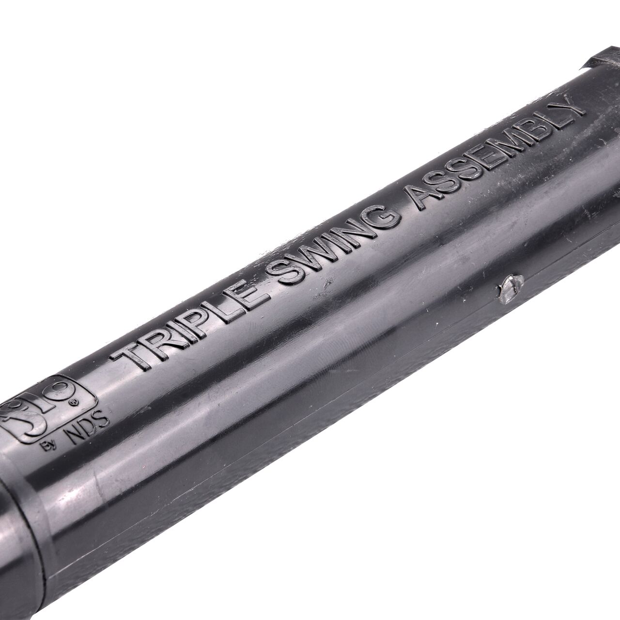 Closeup view of the NDS PVC Triple Swing Joints Assembly, Sch. 80 3/4 in. MPT for subsurface irrigation and sprinkler applications is clearly marked and offers flexibility that protects pipelines from damage (NDS TSA-0750-TT)