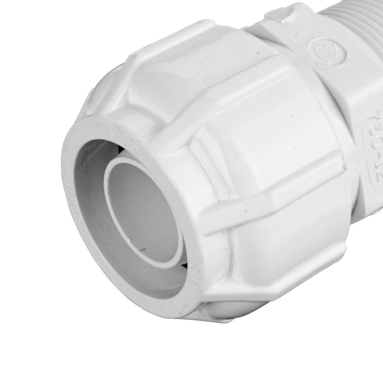 Closeup of the Flo Lock compression end with steel gripper on the NDS 1 1/4 in. Flo-Lock™ Gripper Adapter (NDS 730-12)