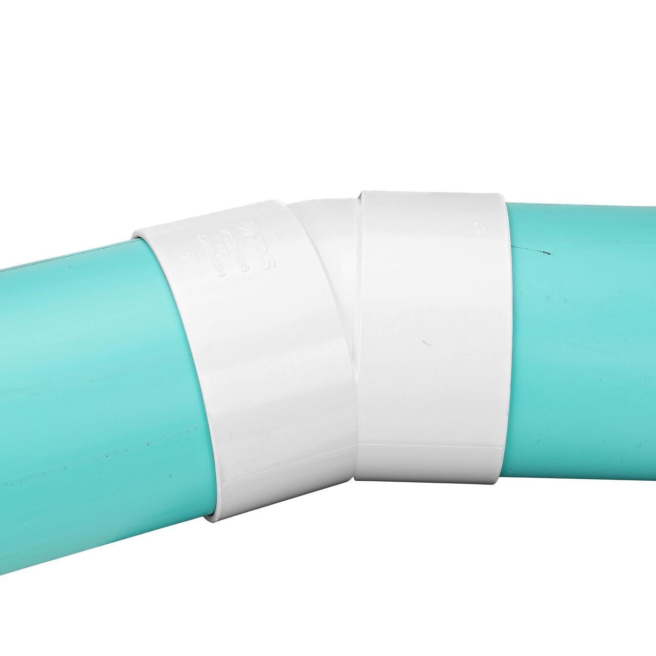 The NDS PVC 22.5° elbow with 6 in. Sewer and Drain pipes on either end (NDS 6P04, NDS L6P04)