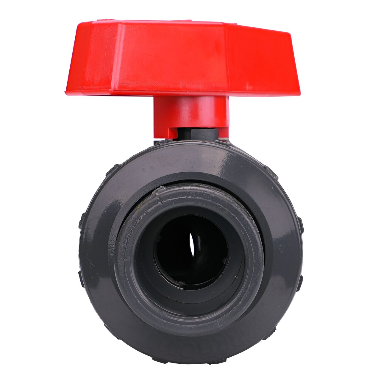 The The 1 in. PVC Slip & Threaded True Union Ball Valve (NDS BTU-1000-E) shown with the connection end removed with the handle in the closed position to show how ball valve provides a shut off point in the system (NDS BTU-1000-E)