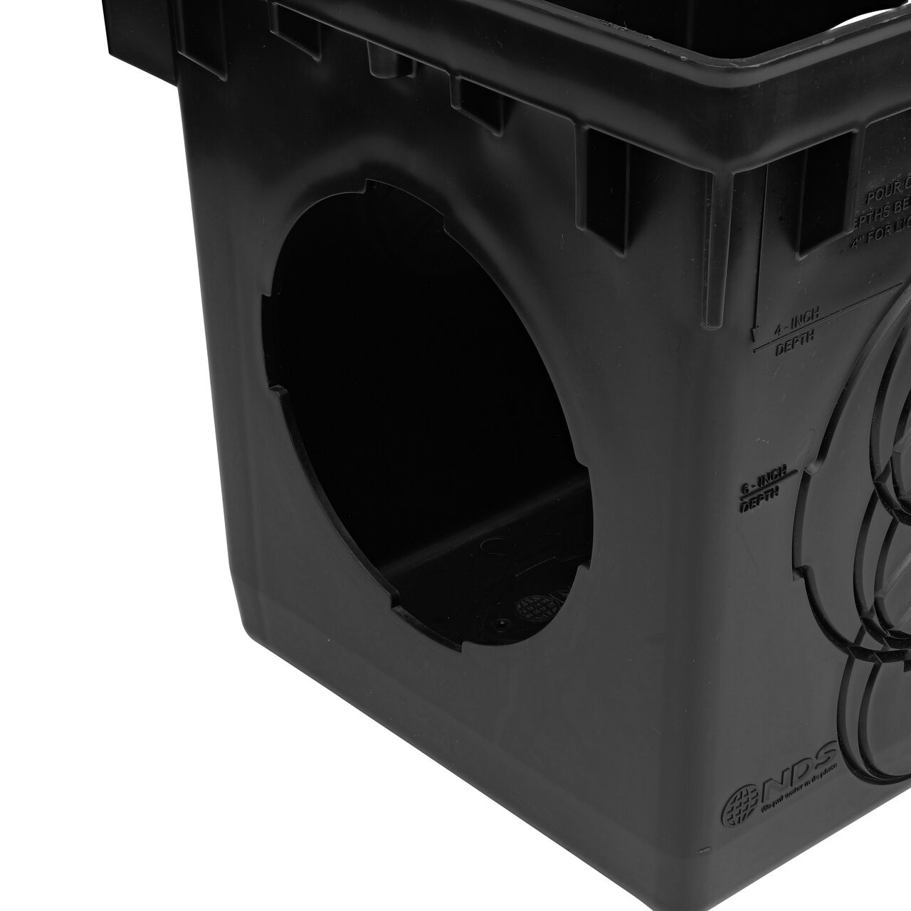 Build your drainage system with the 12 in. Catch Basin Drain (NDS 1200) using the outlet to connect outlet adapters and pipe to other parts of the drainage system