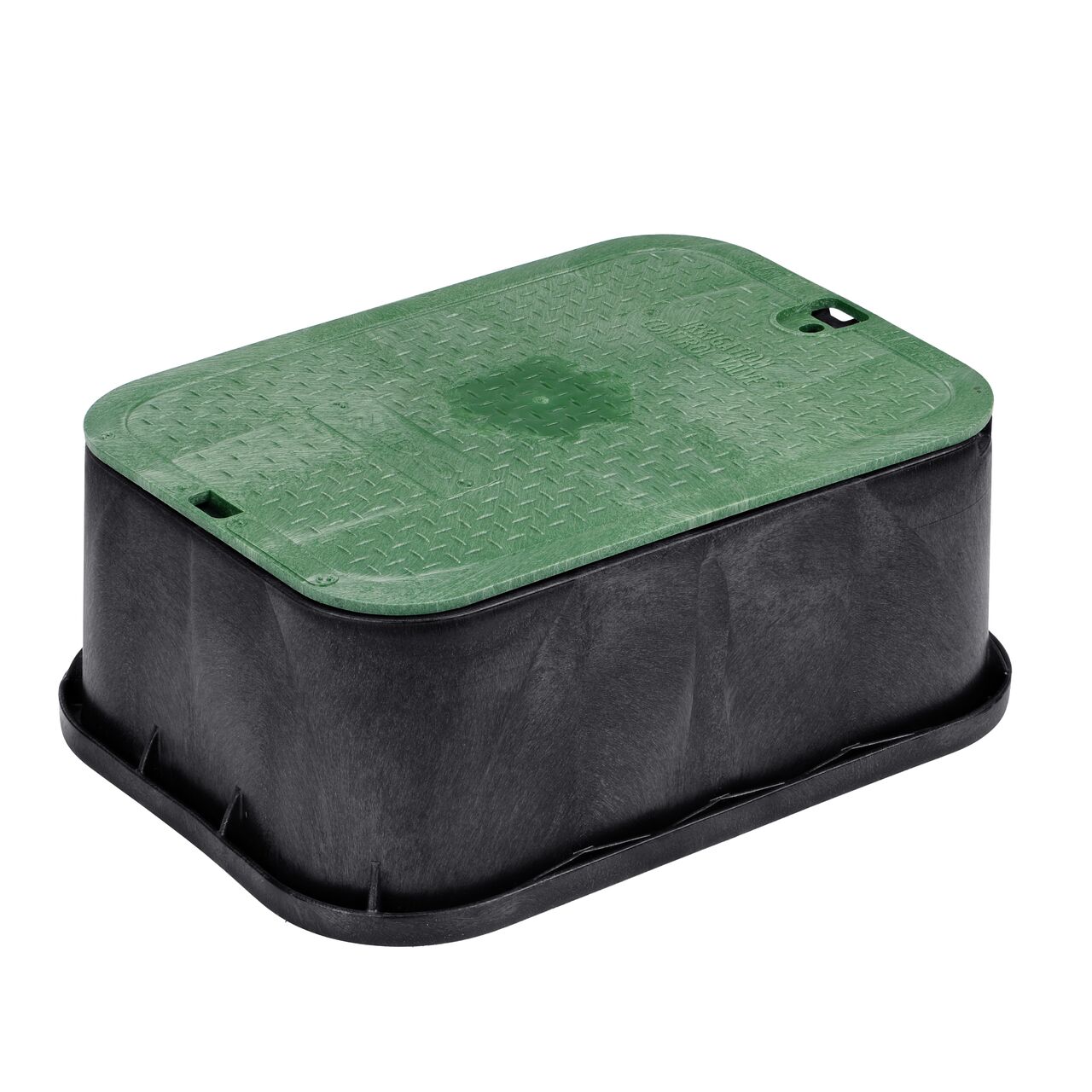 The NDS 14 X 19 in. Rectangular Standard Series Valve Box Extension and Cover is a 6-3/4 in. high Black Box and Green Cover with Irrigation Control Valve markings on the overlapping lid (NDS 115) and protects underground irrigation and sprinkler system components and keeps them out of sight