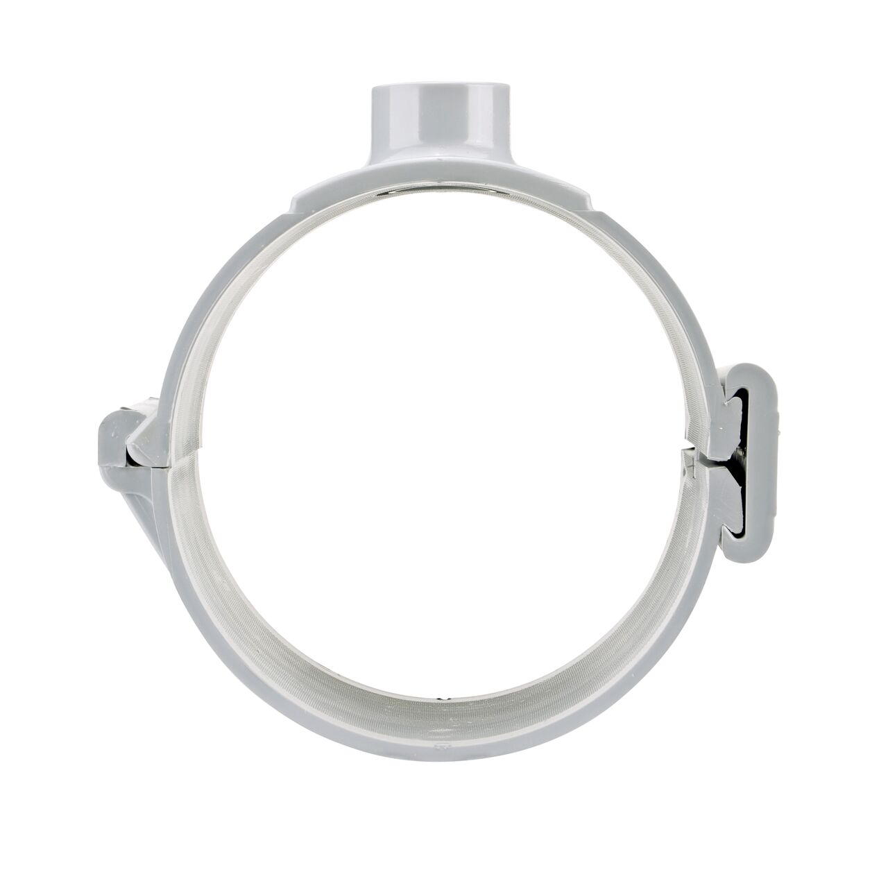 Front facing view of the NDS Clamp-It™ Rigid PVC Saddle with 1-1/2 in. slip connection on top (NDS 458015) for 8 in. PVC pipe showing both the wedge and hinge sides