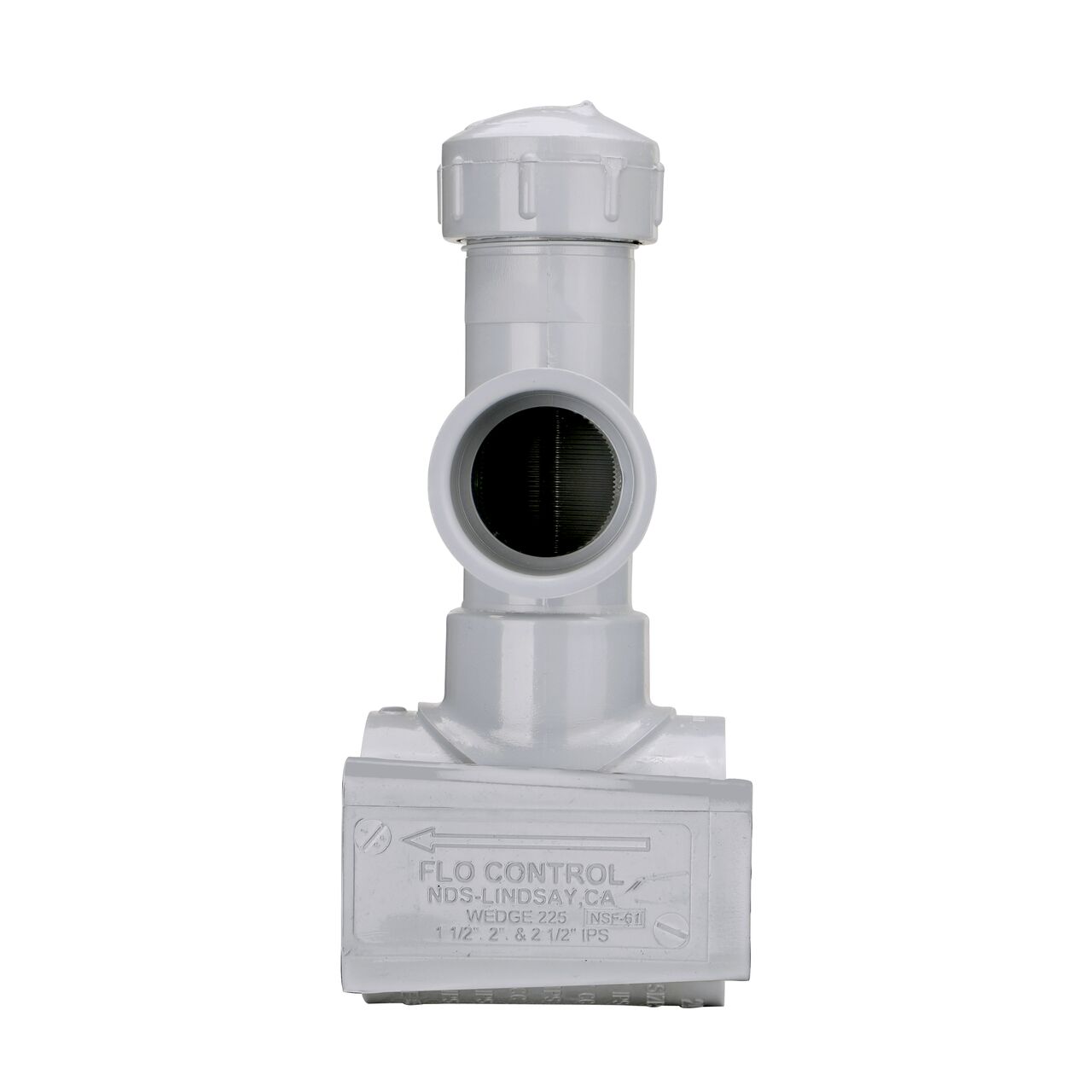 Side view showing patented wedge design and water flow on the 2-1/2 in. NDS Flo-Tap™ Rigid PVC Saddle with a 1-1/2 in. Socket or 2 in. spigot connection on top (NDS 3225)