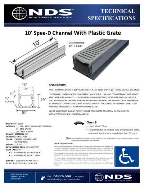 NDS Spee-D® Channel Drain Assembly withe Plastic Grates Tech Spec