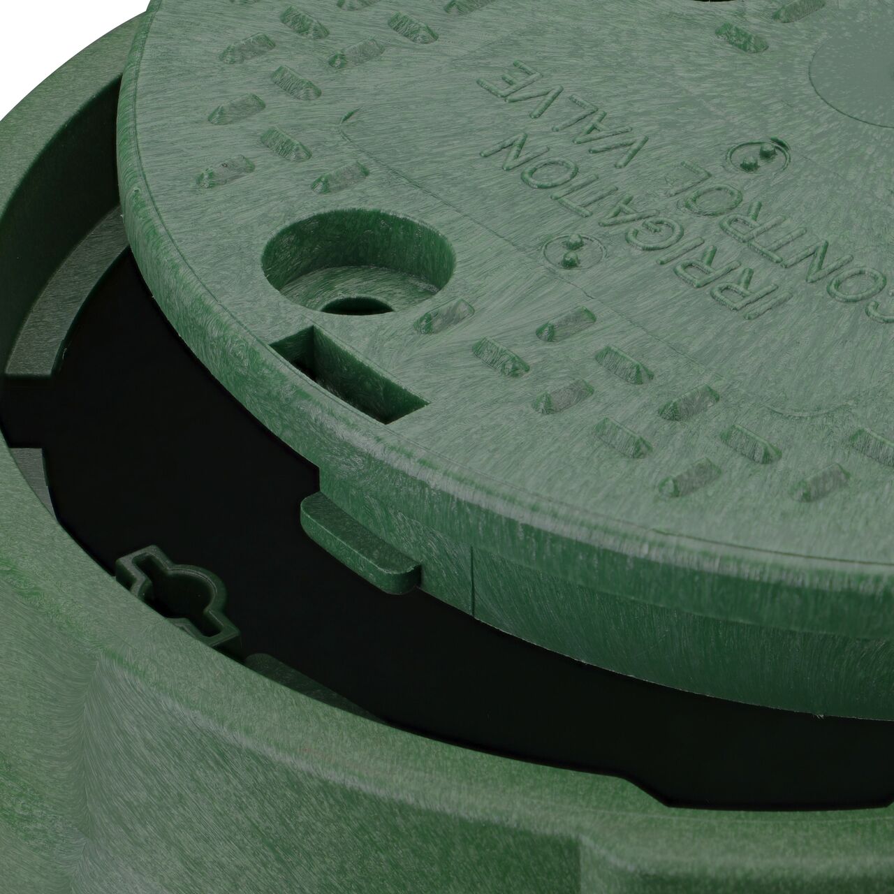 Align the bolt hole on the lid with the bolt hole from the NDS 10 in. Round Standard Series Green Box and Green Irrigation Control Valve Cover (NDS 112BC) for a secure fit