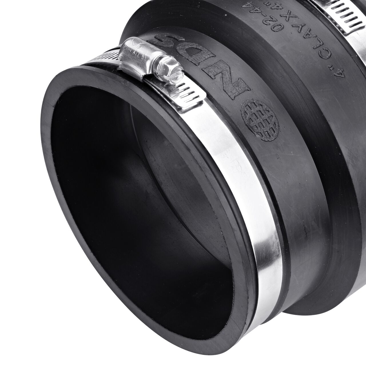 Closeup view of the small end on the NDS 4 in. flex coupling for clay pipe to cast iron or plastic pipe (NDS 02-44)