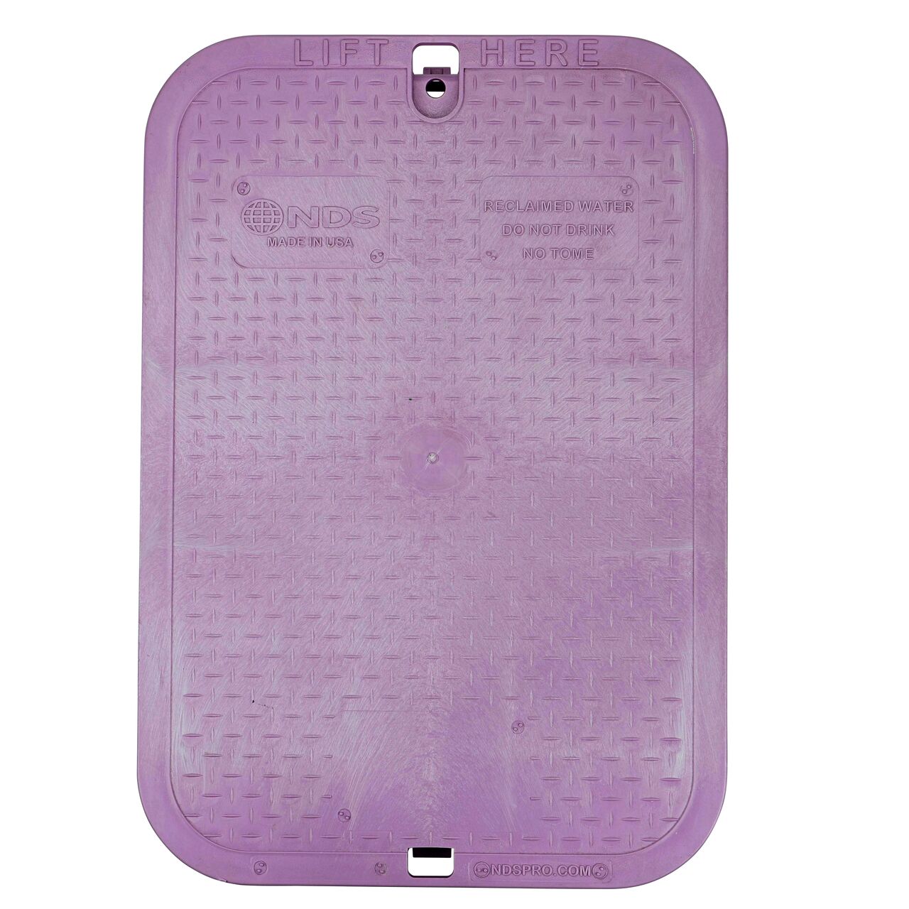 Top down view of the top side of the Purple Reclaimed Water cover for the NDS 13 in. X 20 in. Rectangular Pro-Spec® Series Valve Box (NDS 318PBCR) showing the Purple Reclaimed Water markings