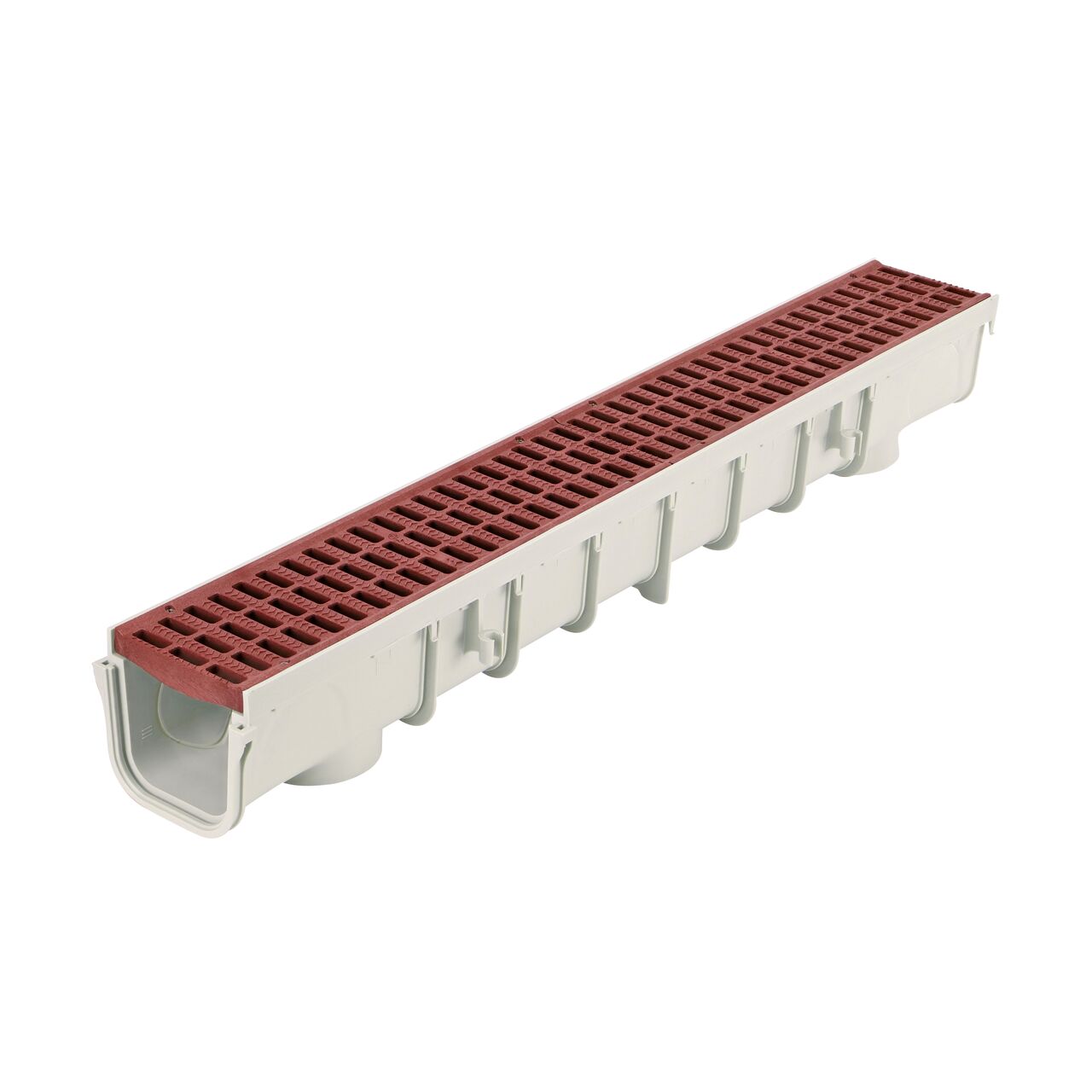 Bottom view of NDS  5 in. Pro Series Channel Drain featuring side ribs, stabilizing ribs, and built-in saw guide (NDS 864G*, NDS M864G, NDS 864GMTLRTL, NDS 864, NDS 800)