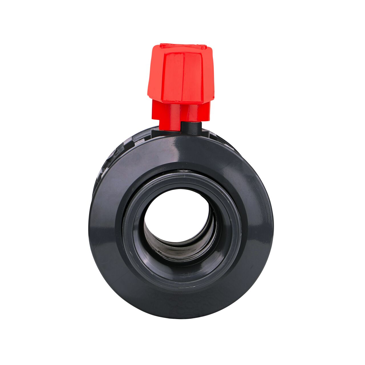 The 1-1/2 in. PVC Slip & Threaded True Union Ball Valve (NDS BTU-1500-E) shown with the connection end attached and with the handle in the open position to allow water to convey through the pipe.