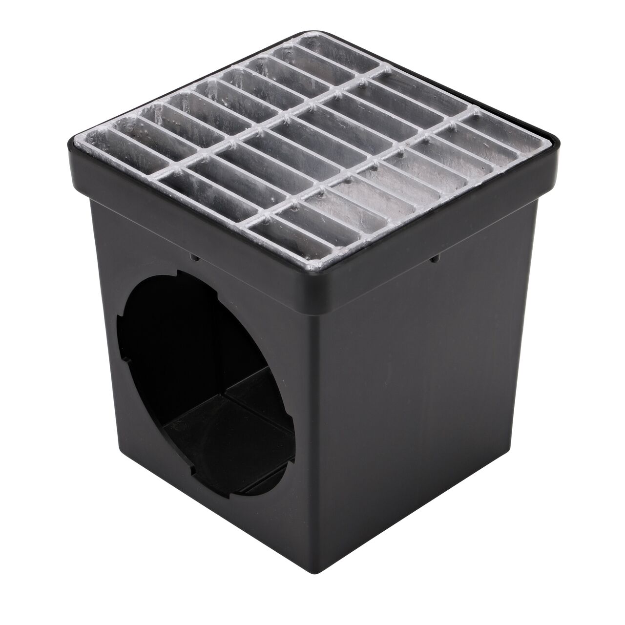 9 in. Galvanized Steel Grate (NDS 915) installed on a black plastic 9 in. Catch Basin Drain with 2 Openings (NDS 900*); retail