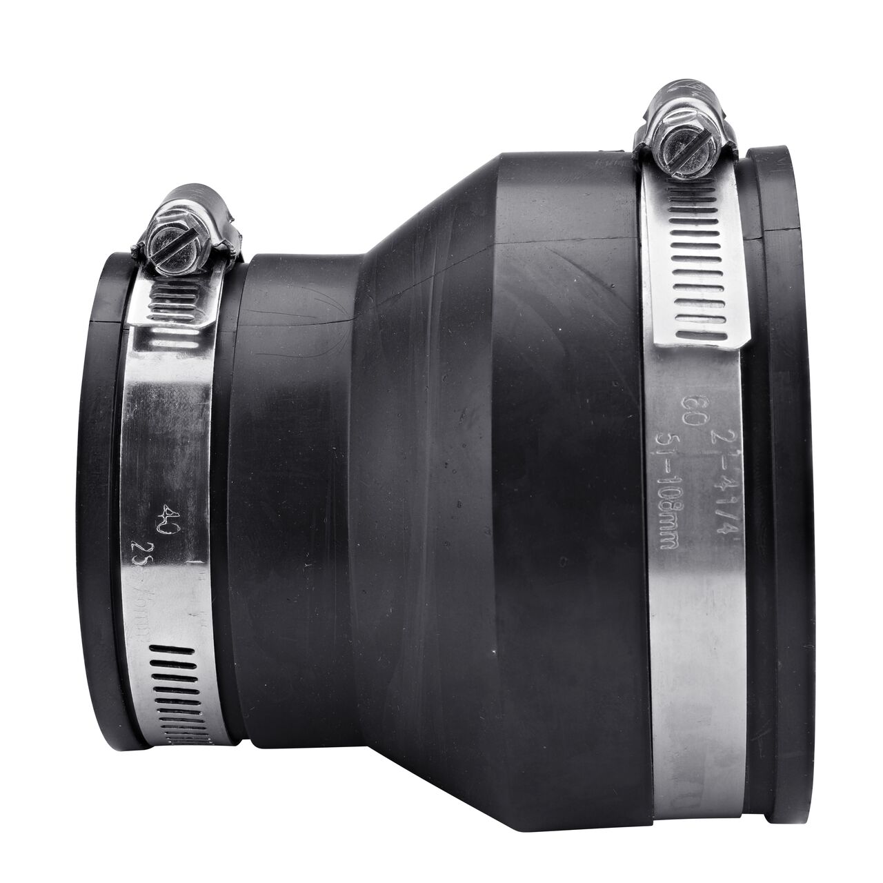 The NDS 3 in. X 2 in. flex coupling for cast iron/sewer and drain or DWV/copper/steel/lead pipes, in horizontal position, is made with material that flexes with normal earth movement (NDS 56-32)