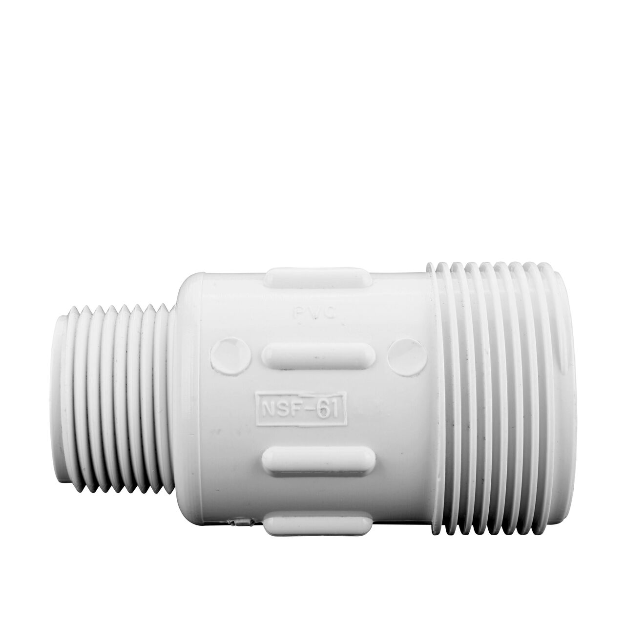 PVC Compression Adapter, 1 in. IPS UC X 1 in. IPS MPT with the adjustable nuts removed showing the body sleeve that connects with 3/4 IPS and MPT pipe to create a corrosion-free connection (NDS CPA-1000)
