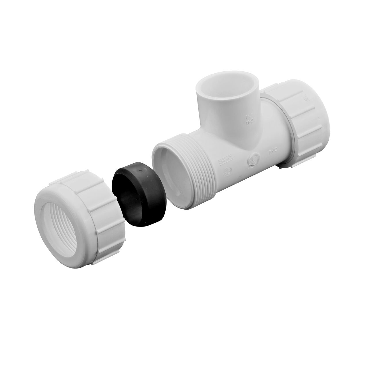 The NDS 1-1/4 in. IPS UC X S Compression Tee has two ends that connect onto 1-1/4 in. IPS pipe ends and one slip end that threads onto a 1-1/4 in. pipe end that forms a "T" intersection from one pipeline and create a lateral branch in your flow system (NDS CPT-1250-S)