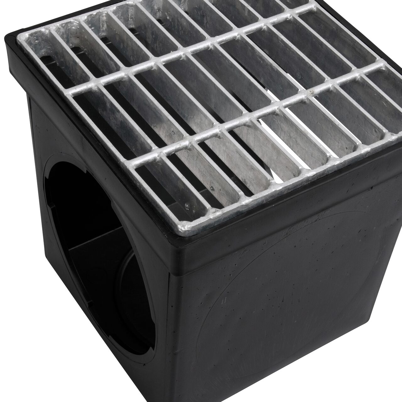 Closeup view of the galvanized steel NDS 9 in. Square Catch Basin Drain Grate (NDS 915) on a 9 in. Catch Basin Drain (NDS 900*)