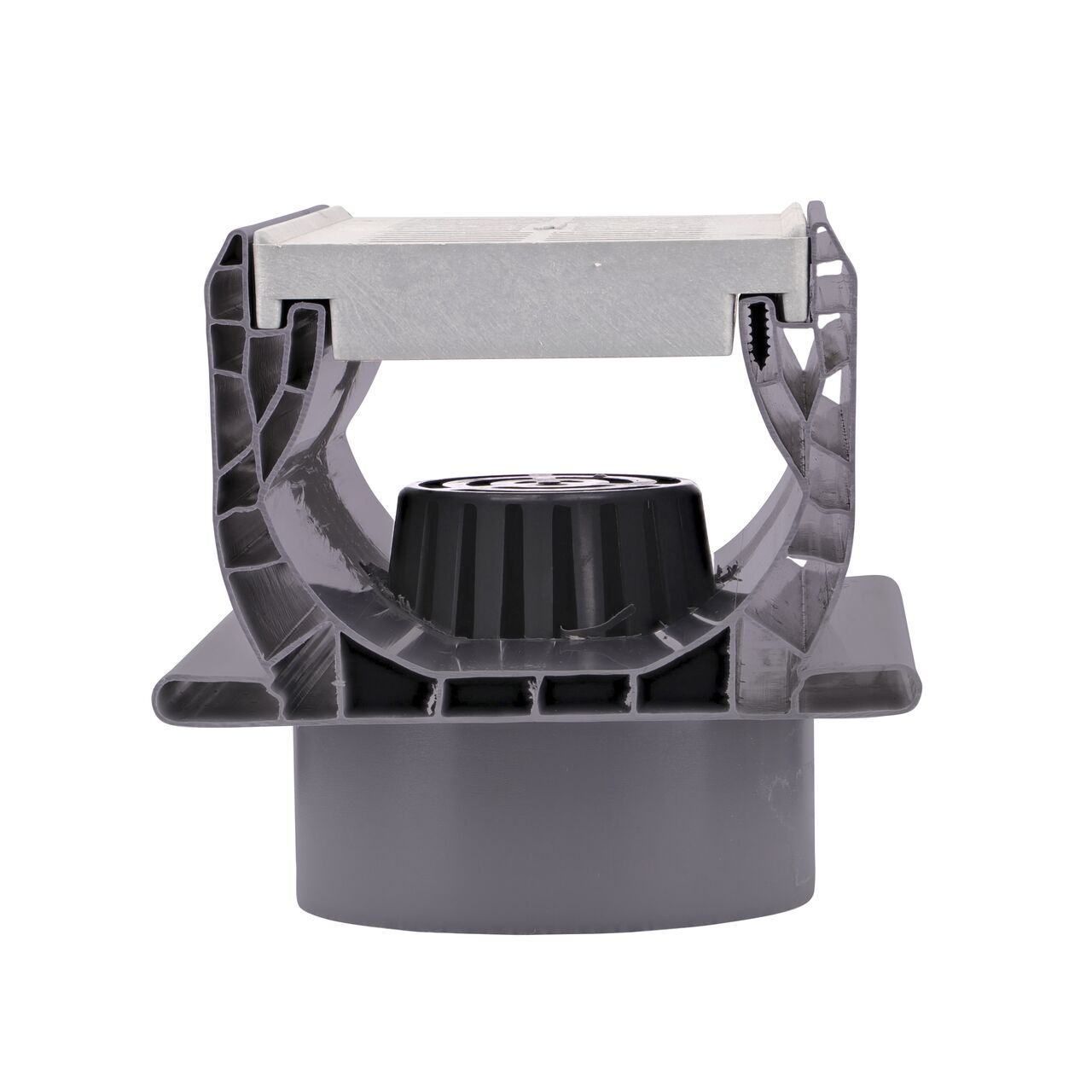 Side view of the Spee-D® Channel Drain Bottom Outlet Assembly showing the connection with the Spee-D Channel Drain System and the inside drain that connects to drainage pipe in the bottom of the drain (NDS 2351*, NDS 2351)