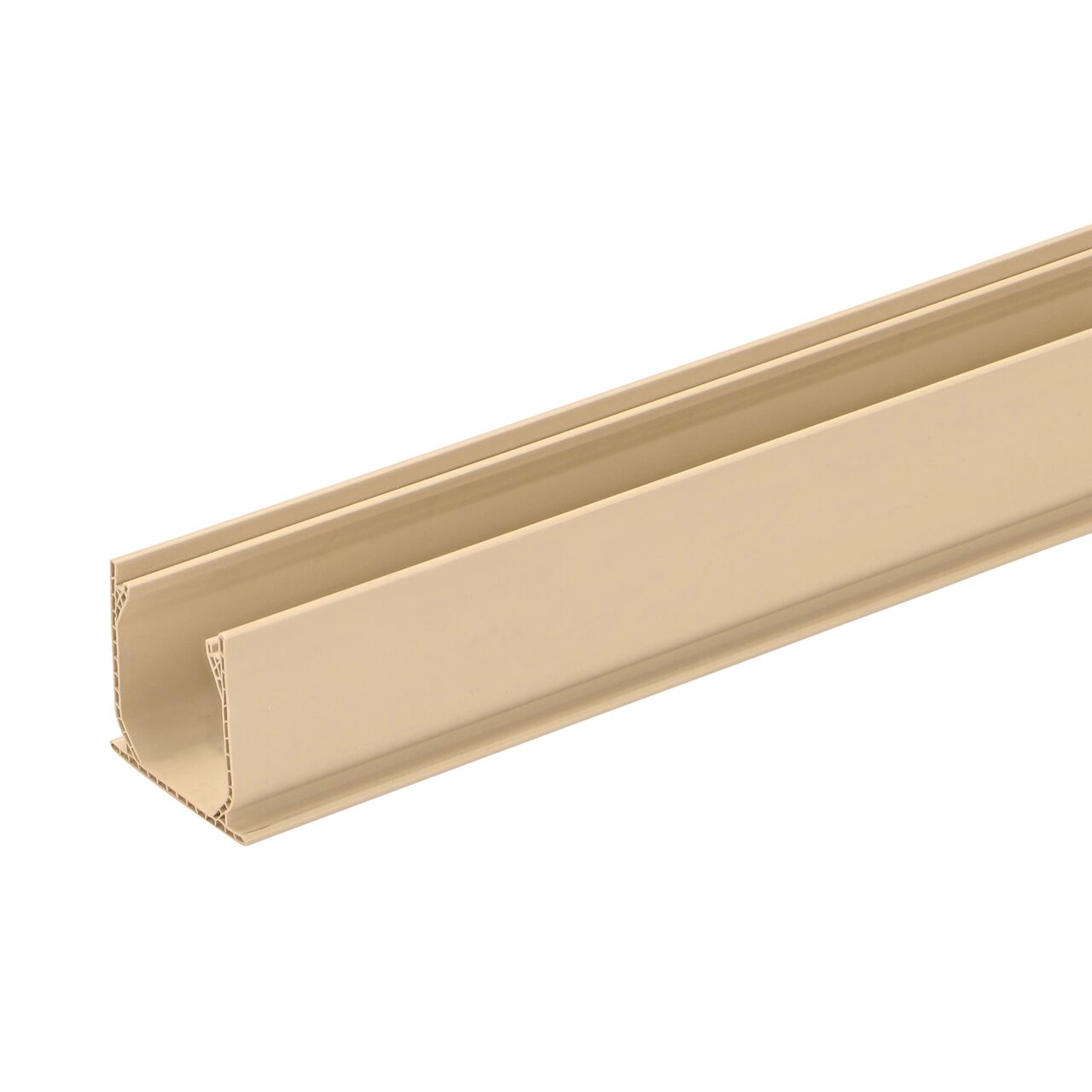 Closeup of the end of the NDS Polished Bras 3-1/16 in. wide X 6 ft. long Mini Channel™ Drain (NDS 500S)