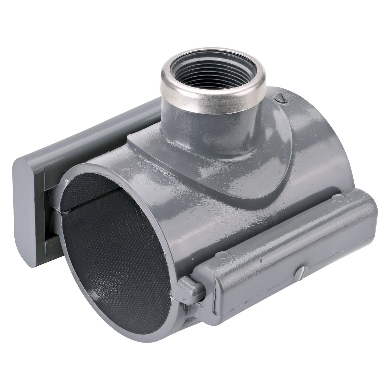 The NDS Clamp-It™ Rigid PVC Saddle with 1-1/4 in. FPT connection on top (NDS 443012) for 3 in. PVC pipe has a patented wedge design on one side and hinge on the other to install a sprinkler irrigation system to existing pipe without any bolts