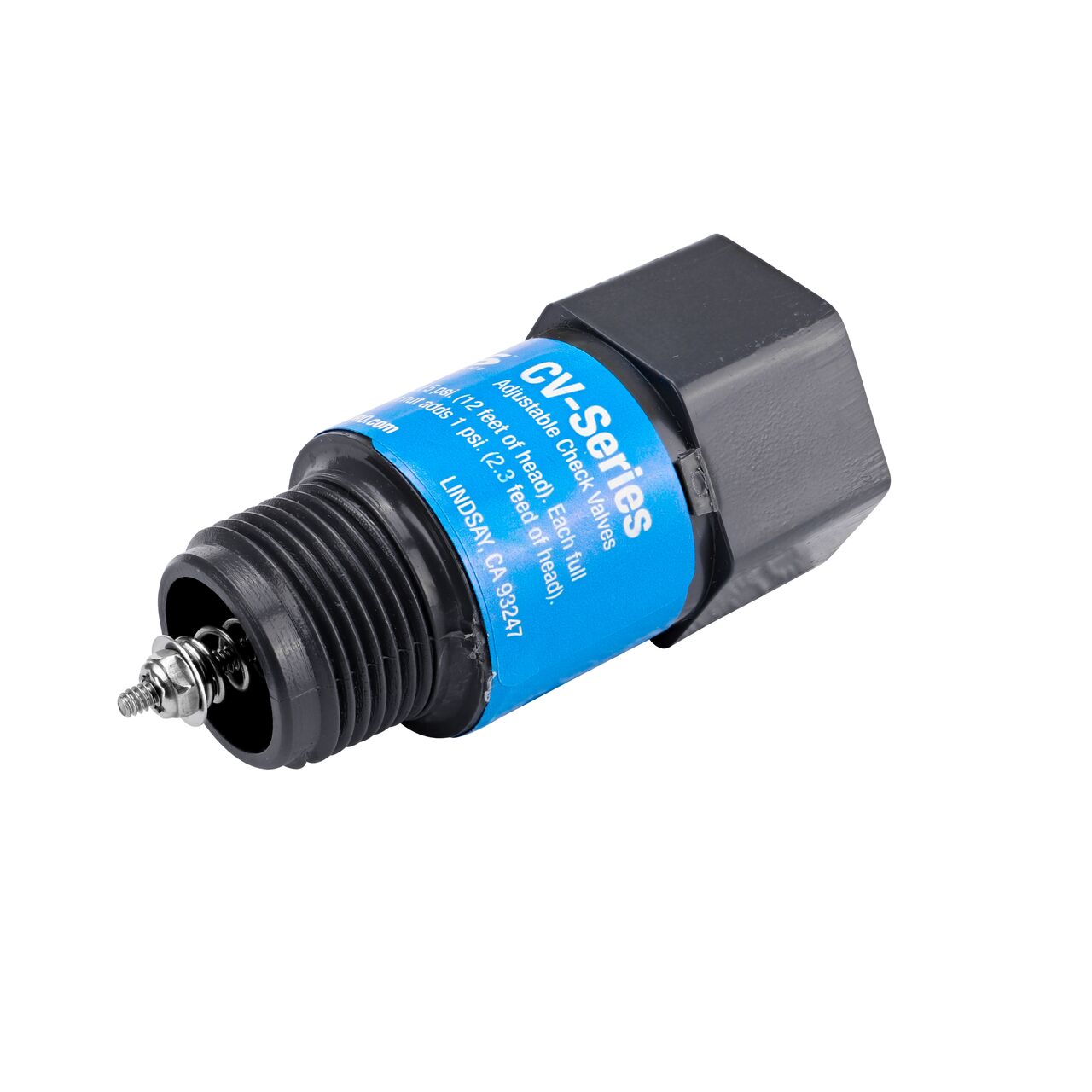 The male end of the NDS Gray 3/4 in. IPS MPT X FPT PVC Adjustable Inline Spring Check Valve (NDS CV-0750-MF) has a nut on end to adjust the 5 lb spring tension