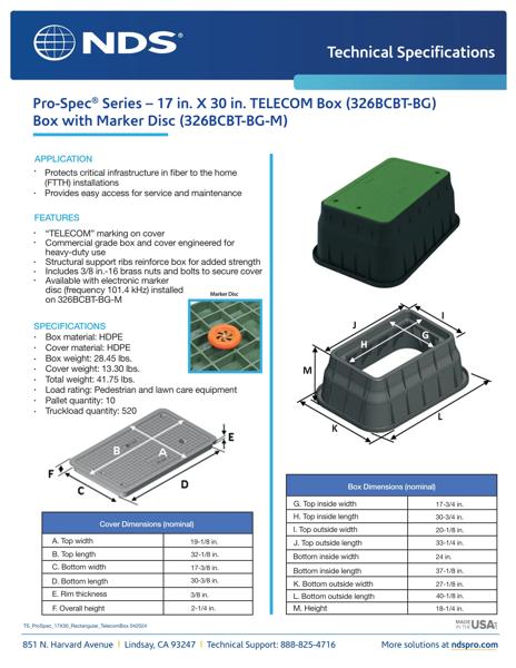 NDS 17 in. X 30 in. Rectangular 18 in. High Pro-Spec® Series Telecom Boxes & Covers Tech Spec