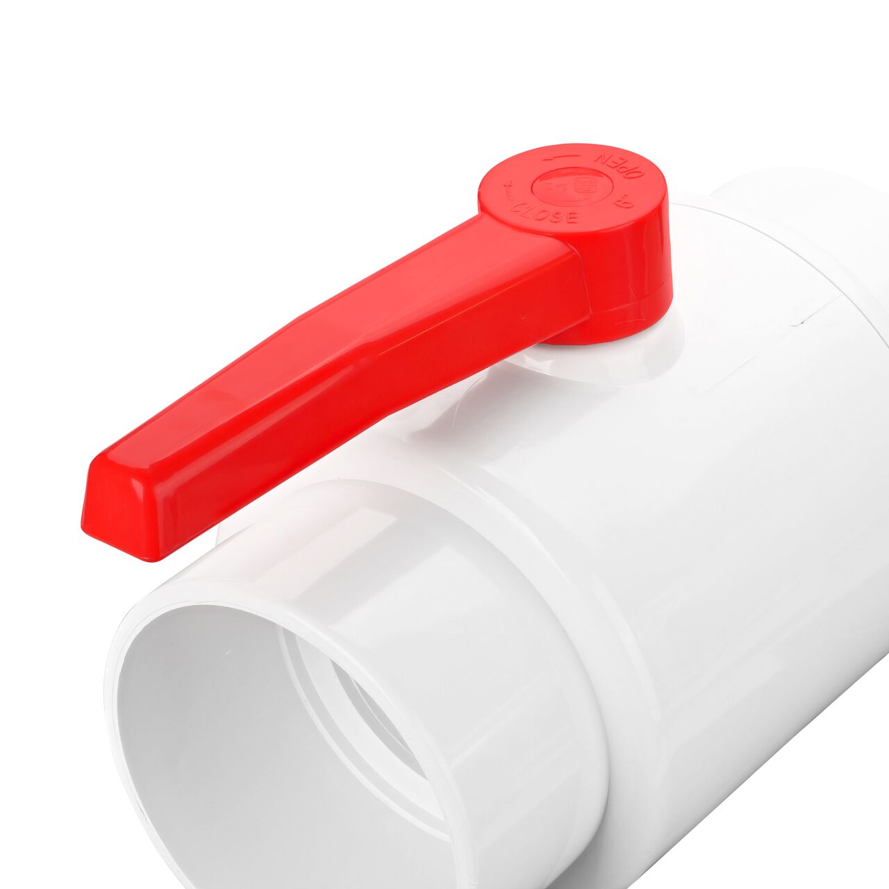 Closeup of the NDS CTS Ball Valve showing the handle that rotates two ways to control water flow (NDS E1310-60)