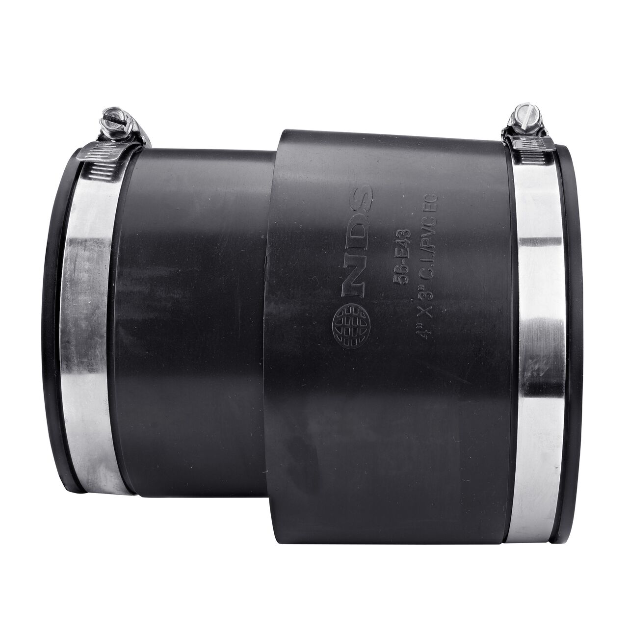 The NDS 4 in. X 3 in. flex eccentric coupling for cast iron/sewer and drain or DWV/copper/steel/lead pipes, in horizontal position, is made with material that flexes with normal earth movement (NDS 56-E43)