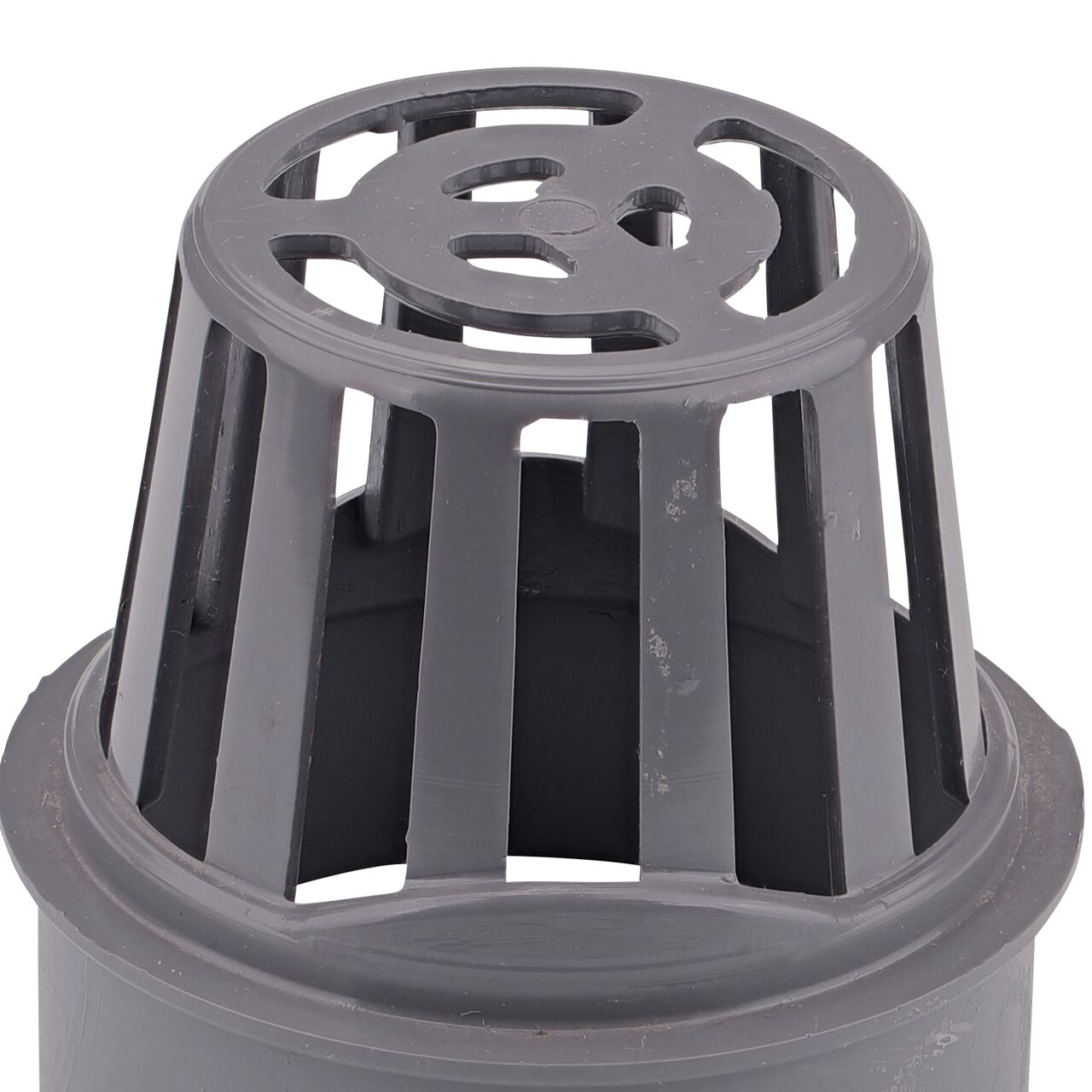 Closeup of the grate pattern of the NDS 2 in. gray plastic atrium grate (NDS 270)