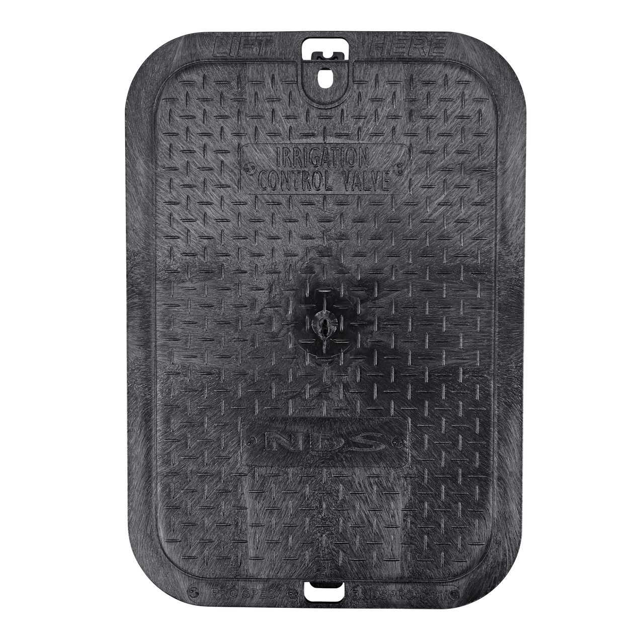 Top down view of the top side of the Black Irrigation Control Valve Overlapping cover (NDS 313CBLK) for the NDS 14 in. X 19 in. Rectangular Pro-Spec® Series