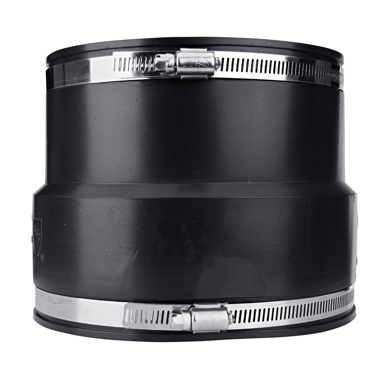 The NDS 6 in. flex coupling, in vertical position, connects asbestos cement fibre/ductile iron pipe to cast iron/plastic pipe and provides leak-resistant seals with virtually any pipe (NDS 51-66)