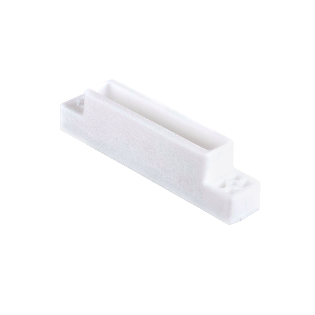 Angled view of the bottom of the White Slotted Plastic Dura Slope™ Channel Drain EZ-Track™ Radius Coupling Grate (NDS DS-660MG)