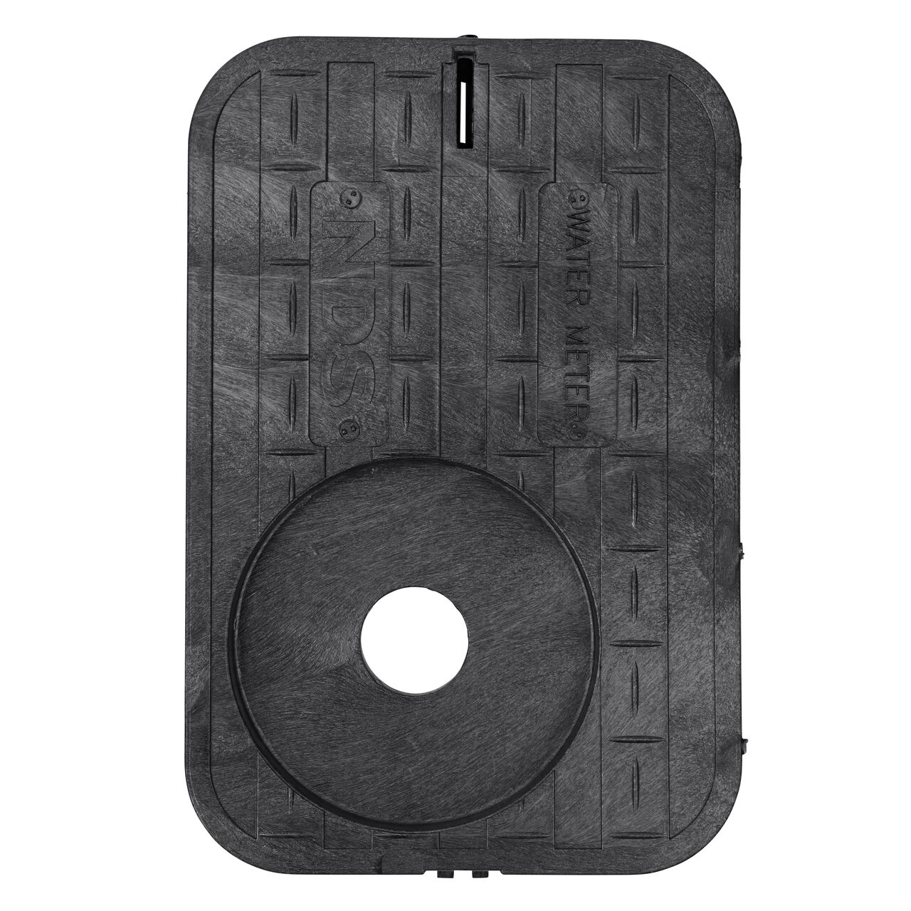 Top down view of the top side of the NDS Black Drop-in AMR locking Water Meter Cover (NDS D12-TAMRL) with 2 in. touch reader hole for the NDS 14 in. X 19 in. Rectangular Meter Boxes