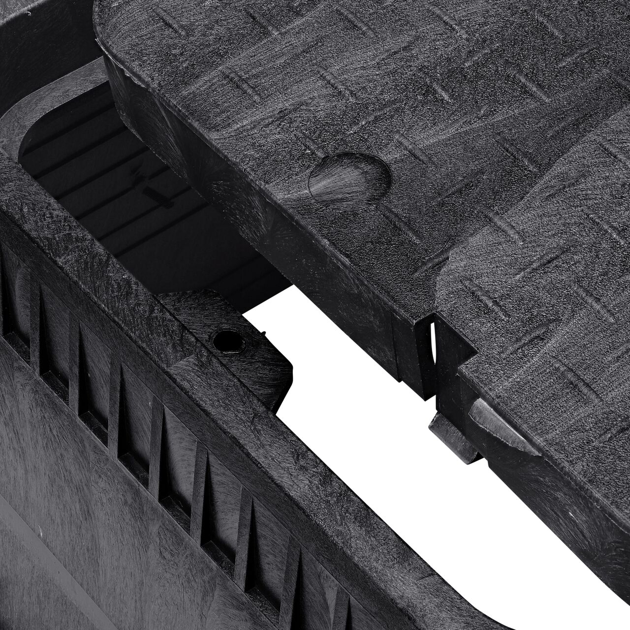 Align the latch on the lid with the latch from the NDS 13 in. X 20 in. Rectangular Standard Series Black Meter Box and Black Water Meter Cover (NDS D1500-DIRB) for a secure fit